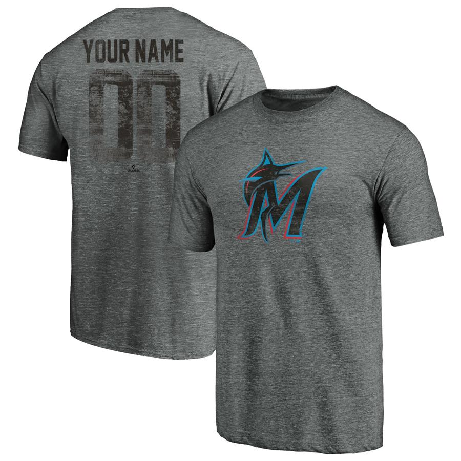 Miami Marlins Fanatics Branded Personalized Heritage Tri-Blend T-Shirt - Heathered Gray