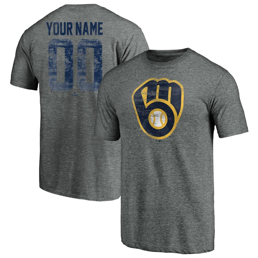 Milwaukee Brewers Fanatics Branded Personalized Heritage Tri-Blend T-Shirt - Heathered Gray