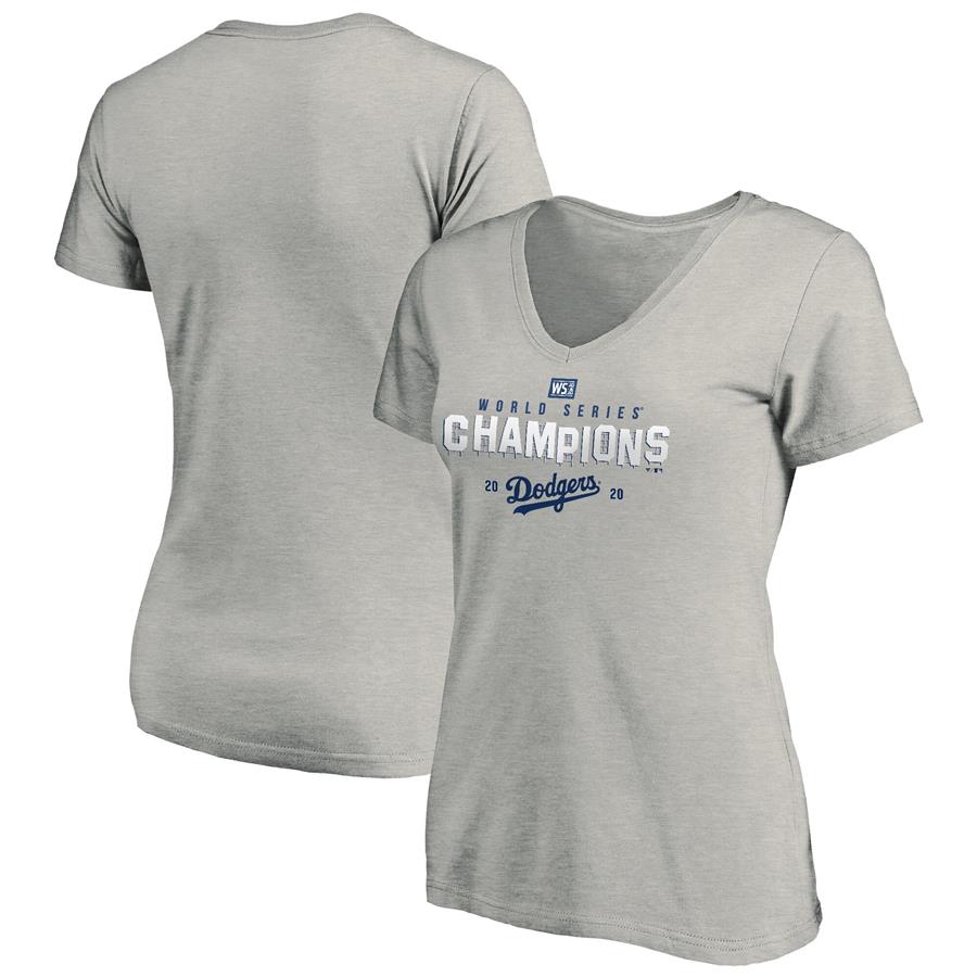 Los Angeles Dodgers Fanatics Branded Women's 2020 World Series Champions Crush the Ball Hometown V-Neck T-Shirt - Heather Gray