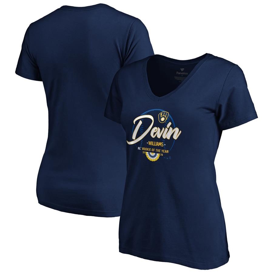 Devin Williams Milwaukee Brewers Fanatics Branded Women's 2020 NL Rookie of the Year V-Neck T-Shirt - Navy