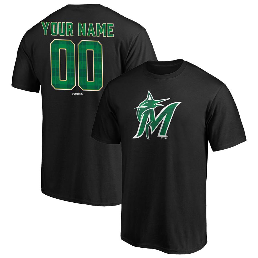Miami Marlins Fanatics Branded Emerald Plaid Personalized Name & Number T-Shirt - Black