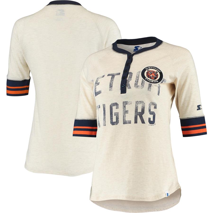Detroit Tigers Starter Women's First Choice Historic Logo Raglan Henley Half-Sleeve T-Shirt - Oatmeal