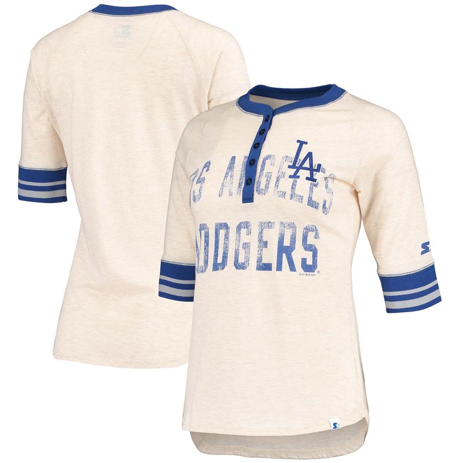 Los Angeles Dodgers Starter Women's First Choice Historic Logo Raglan Henley Half Sleeve T-Shirt - Oatmeal