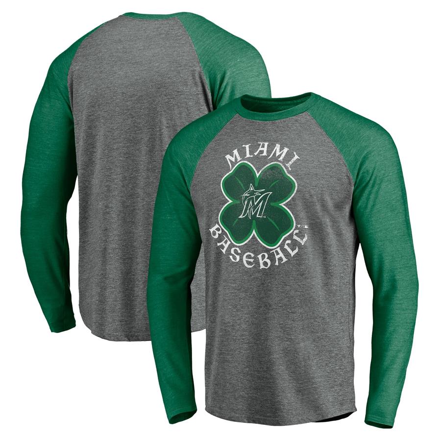 Miami Marlins Fanatics Branded St. Patrick's Day Celtic Crew Tri-Blend Raglan Long Sleeve T-Shirt - Heathered Gray