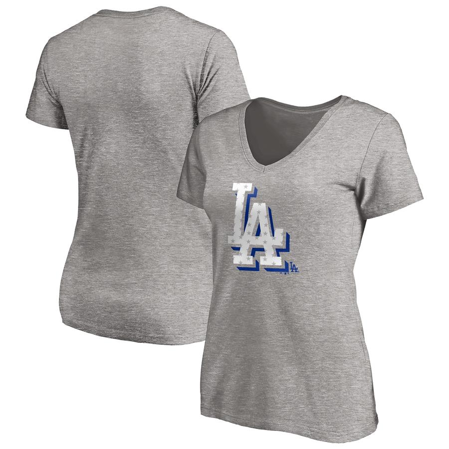 Los Angeles Dodgers Fanatics Branded Women's Red White & Team V-Neck T-Shirt - Heathered Gray