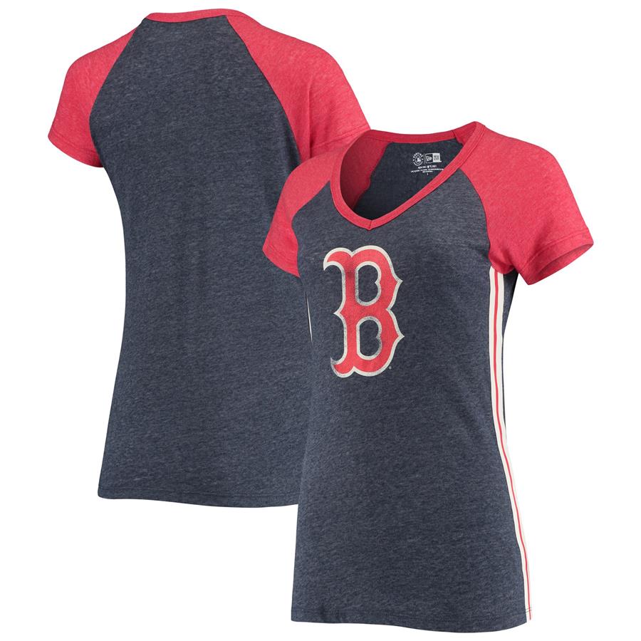 Boston Red Sox New Era Women's Tri-Blend Raglan V-Neck T-Shirt - Heathered Navy