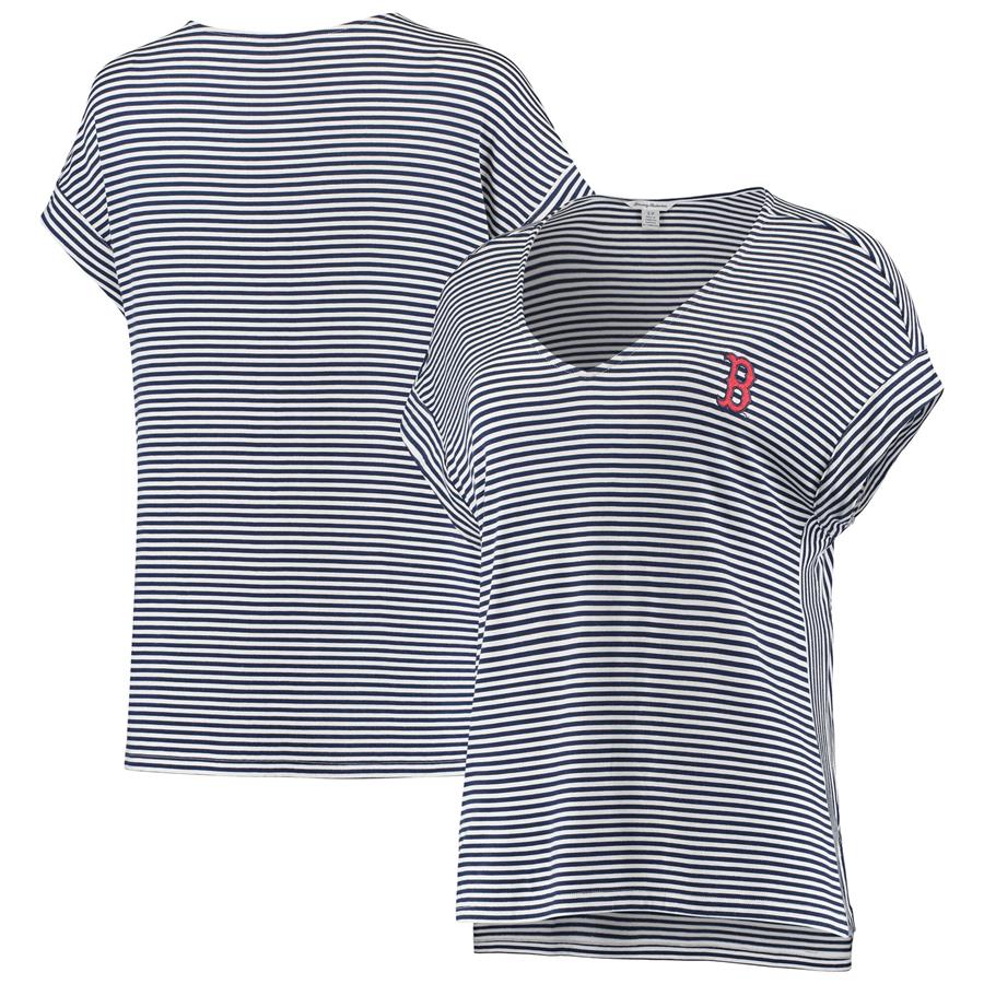 Boston Red Sox Tommy Bahama Women's Cassia Stripe V-Neck T-Shirt- Navy