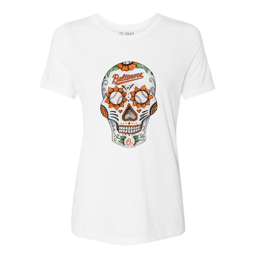Baltimore Orioles Tiny Turnip Women's Sugar Skull T-Shirt - White