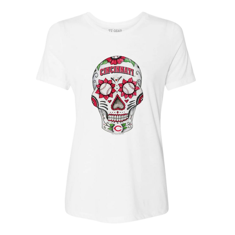 Cincinnati Reds Tiny Turnip Women's Sugar Skull T-Shirt - White