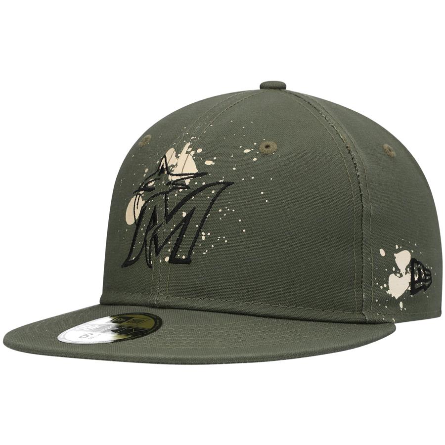 Miami Marlins New Era Splatter 59FIFTY Fitted Hat - Olive
