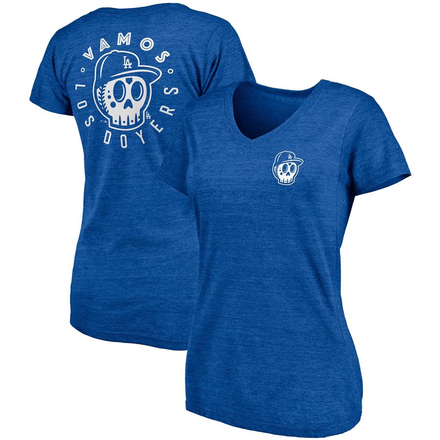 Los Angeles Dodgers Fanatics Branded Women's Hometown Sugar Skull Tri-Blend V-Neck T-Shirt - Heathered Royal