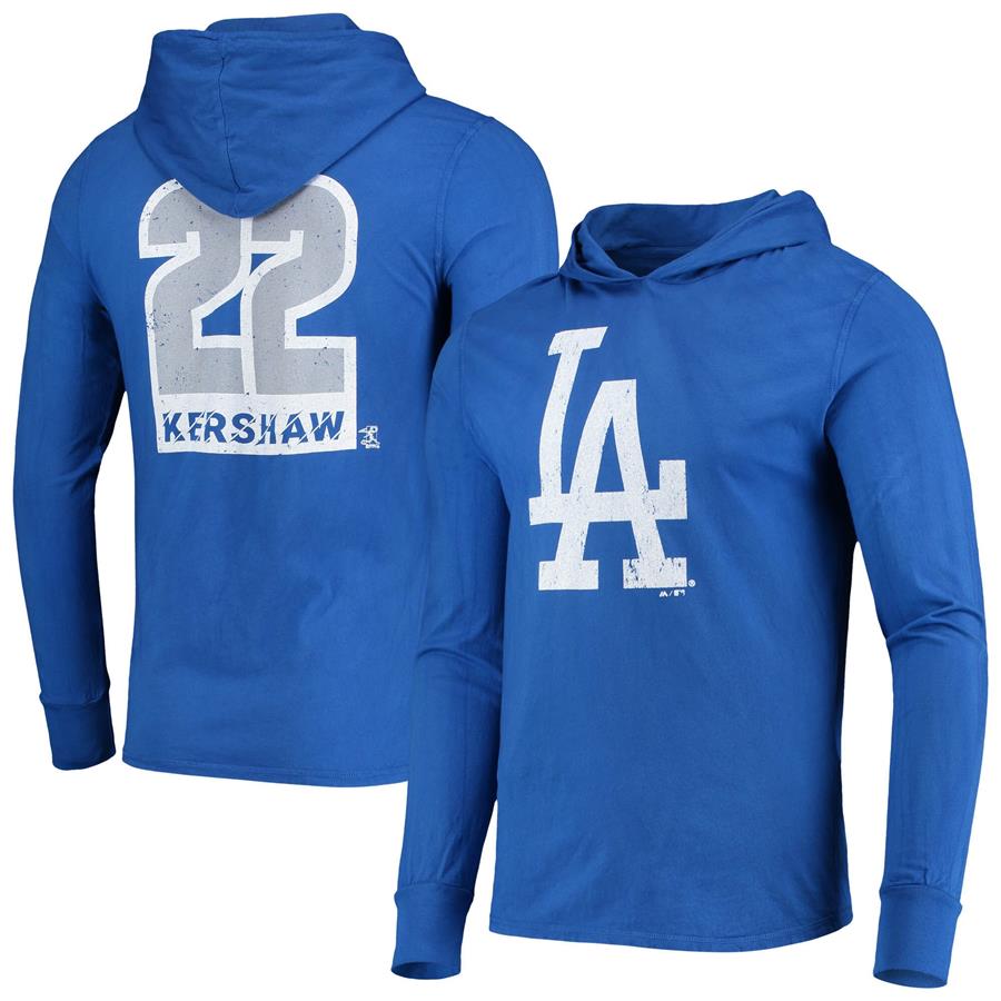 Clayton Kershaw Los Angeles Dodgers Majestic Threads Softhand Player Long Sleeve Hoodie T-Shirt - Royal