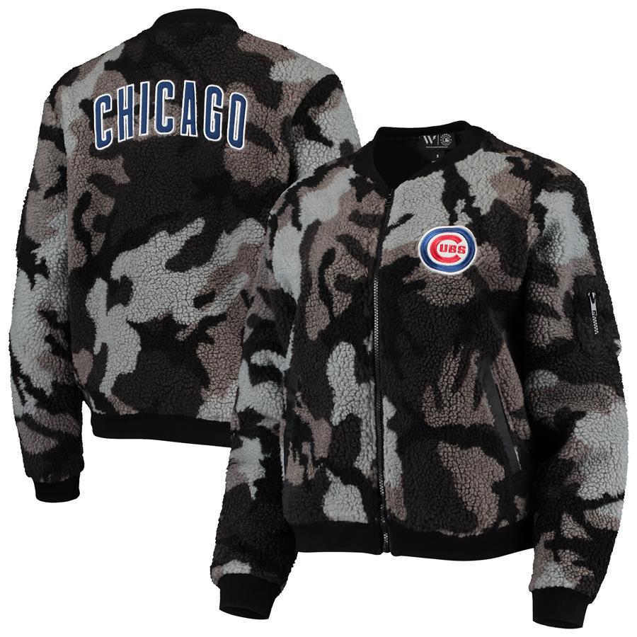 Chicago Cubs The Wild Collective Women's Camo Sherpa Full-Zip Bomber Jacket - Black