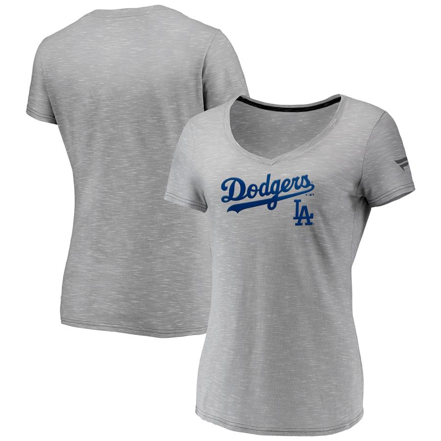 Los Angeles Dodgers Fanatics Branded Women's Wordmark & Logo Space-Dye V-Neck T-Shirt - Gray