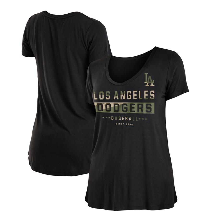 Los Angeles Dodgers New Era Women's 2021 Armed Forces Day Brushed V-Neck T-Shirt - Black