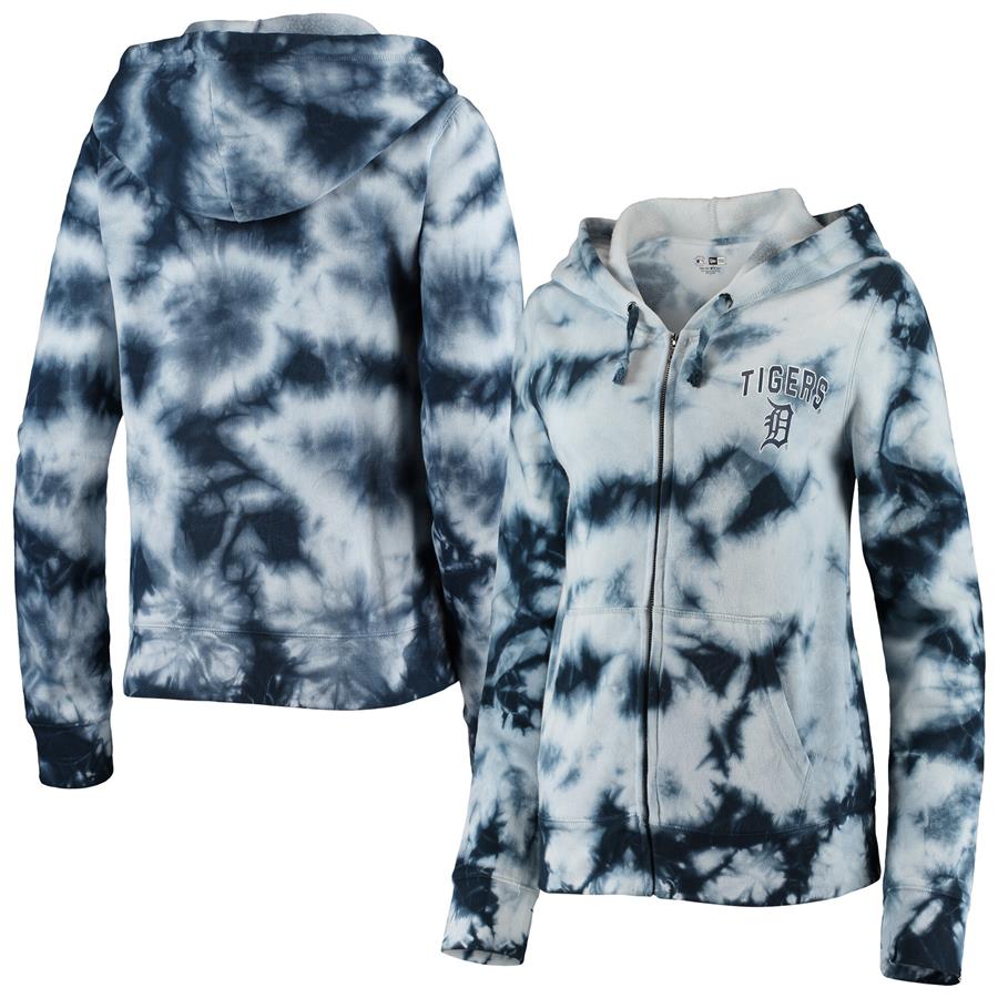 Detroit Tigers New Era Women's Tie-Dye Fleece Full-Zip Hoodie - Navy