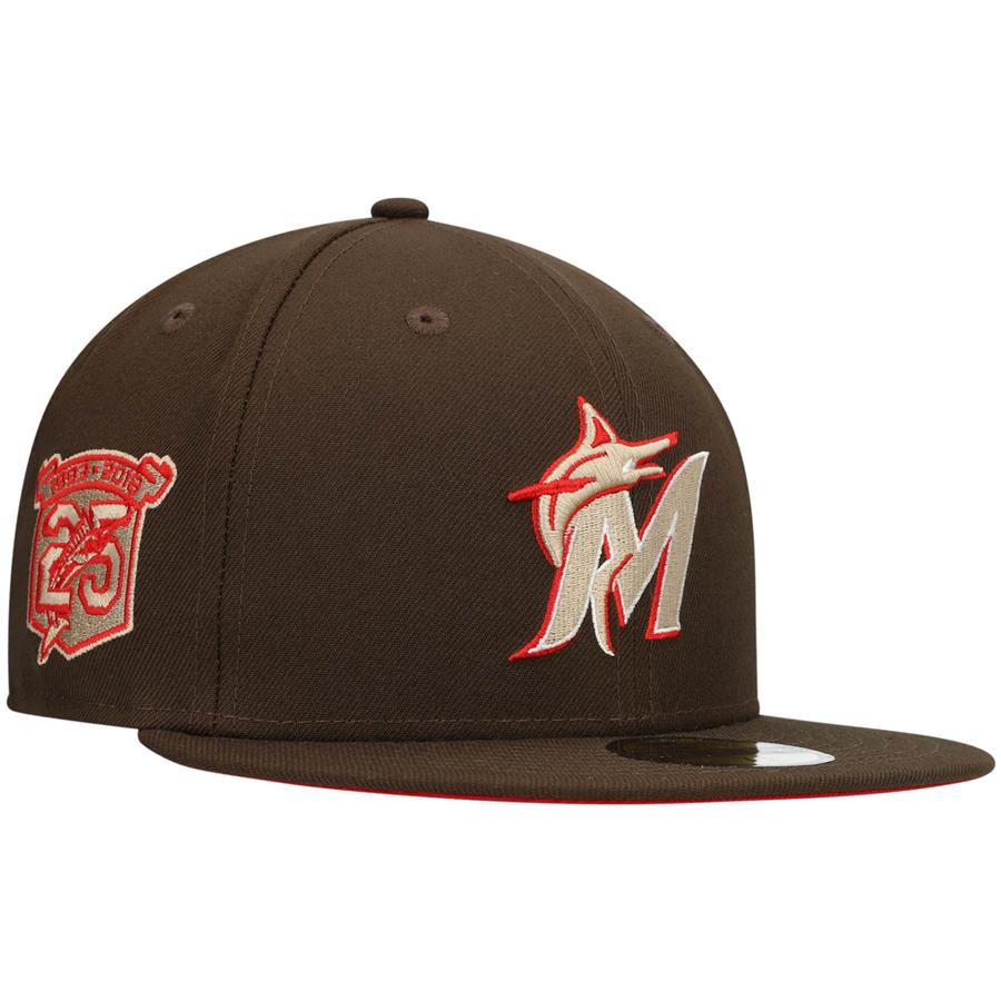Miami Marlins New Era 25th Anniversary Team Scarlet Undervisor 59FIFTY Fitted Hat - Brown