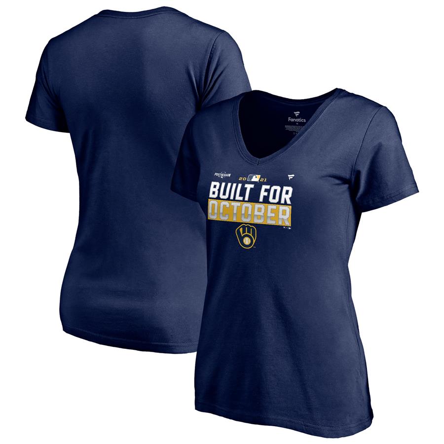 Milwaukee Brewers Fanatics Branded Women's 2021 Postseason Locker Room V-Neck T-Shirt - Navy
