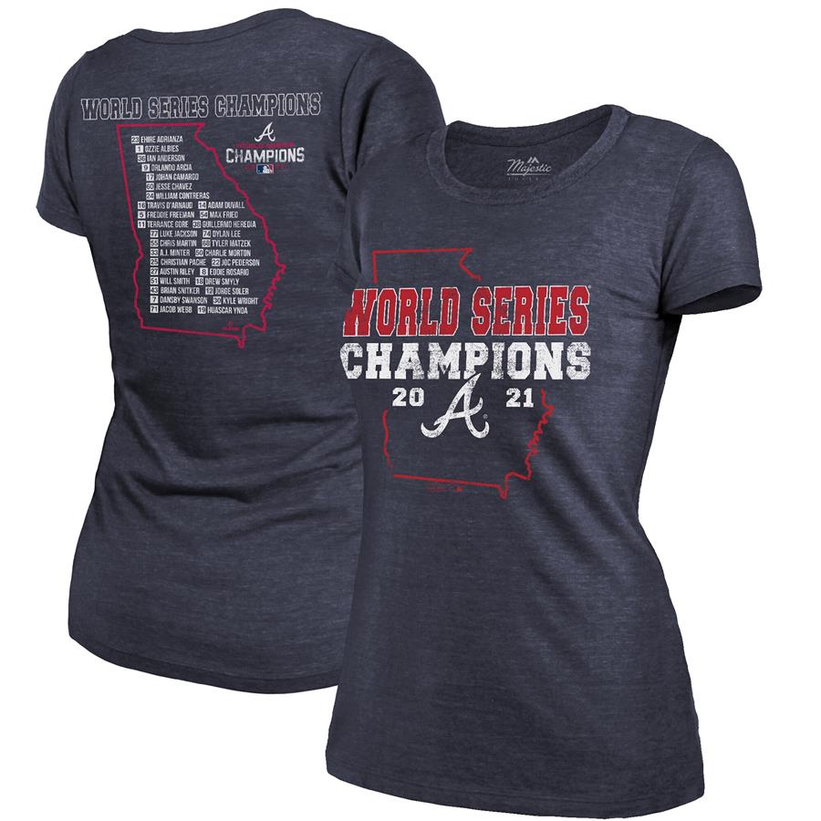 Atlanta Braves Majestic Threads Women's 2021 World Series Champions Roster Tri-Blend T-Shirt - Navy