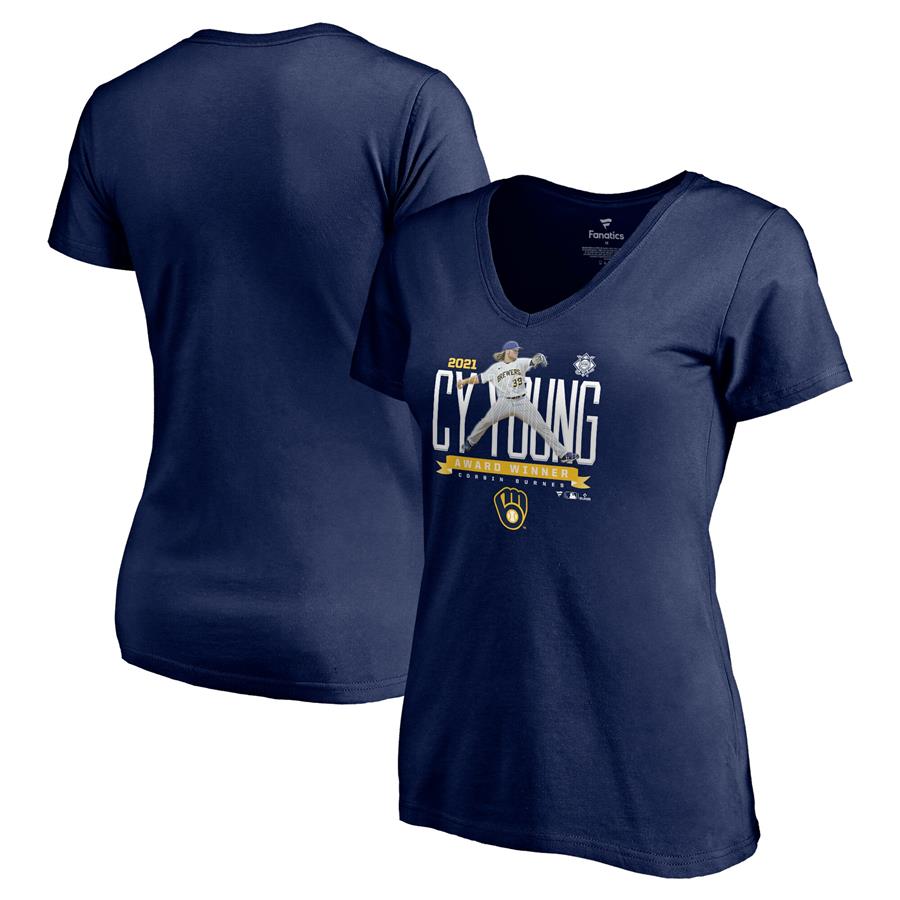 Corbin Burnes Milwaukee Brewers Fanatics Branded Women's 2021 NL Cy Young Award Winner V-Neck T-Shirt - Navy