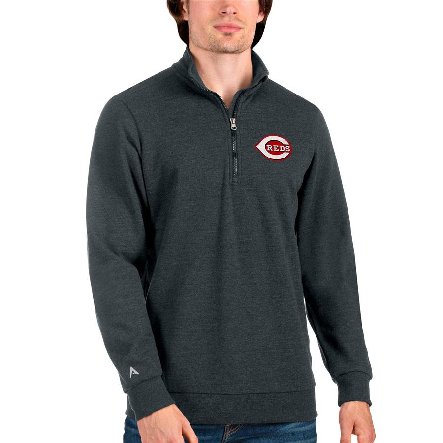 Cincinnati Reds Antigua Action Quarter-Zip Pullover Sweatshirt - Heathered Charcoal