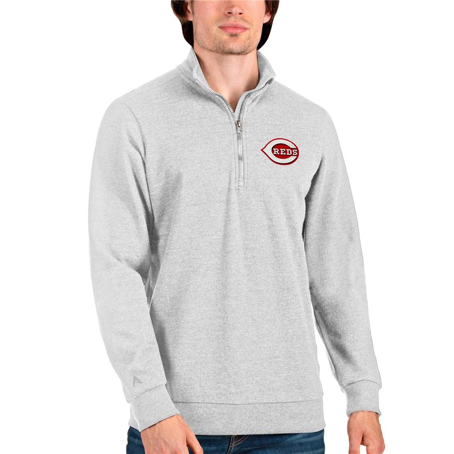 Cincinnati Reds Antigua Action Quarter-Zip Pullover Sweatshirt - Heathered Gray