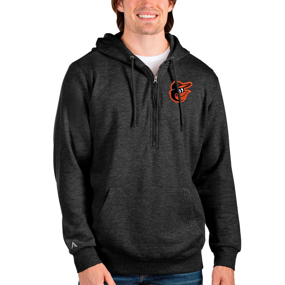 Baltimore Orioles Antigua Action Quarter-Zip Pullover Hoodie - Heathered Black