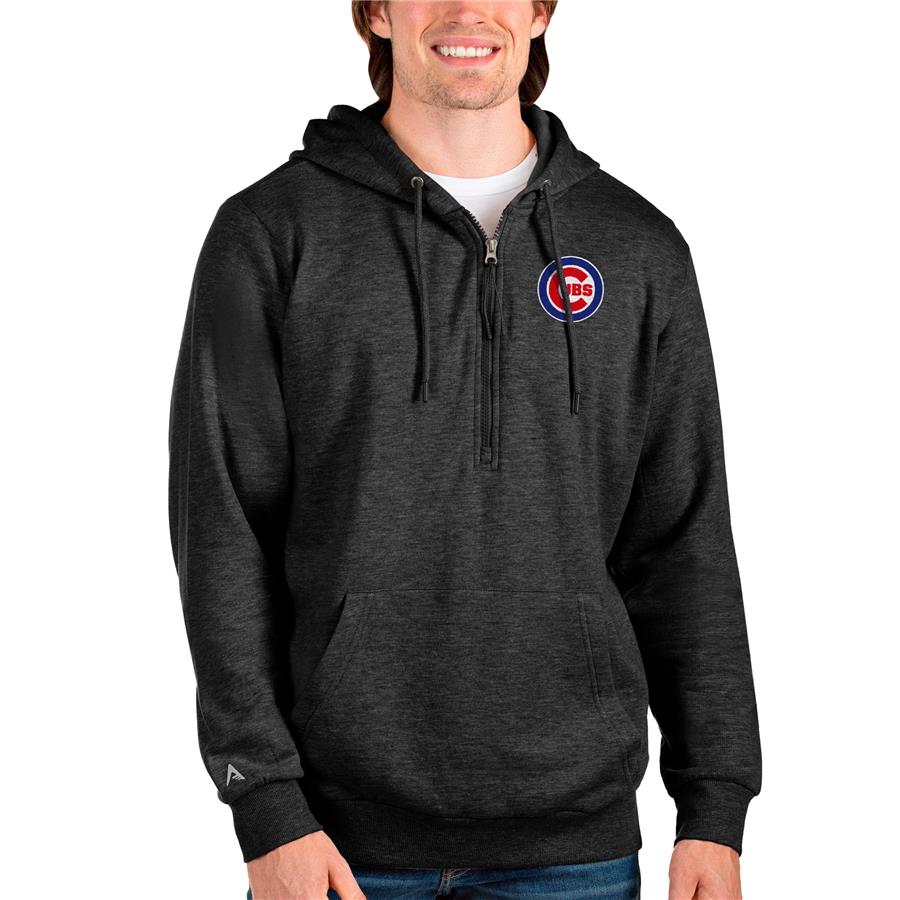 Chicago Cubs Antigua Action Quarter-Zip Pullover Hoodie - Heathered Black