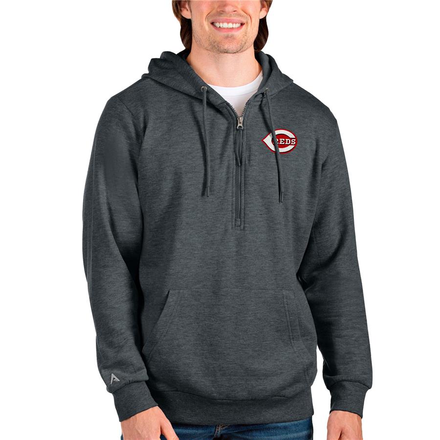 Cincinnati Reds Antigua Action Quarter-Zip Pullover Hoodie - Heathered Charcoal