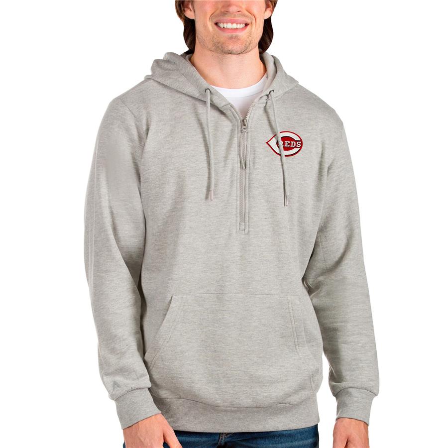 Cincinnati Reds Antigua Action Quarter-Zip Pullover Hoodie - Heathered Gray