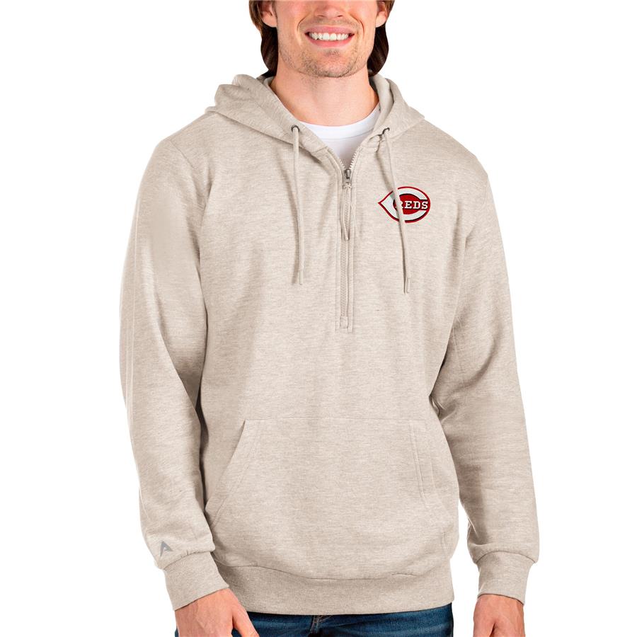 Cincinnati Reds Antigua Action Quarter-Zip Pullover Hoodie - Oatmeal