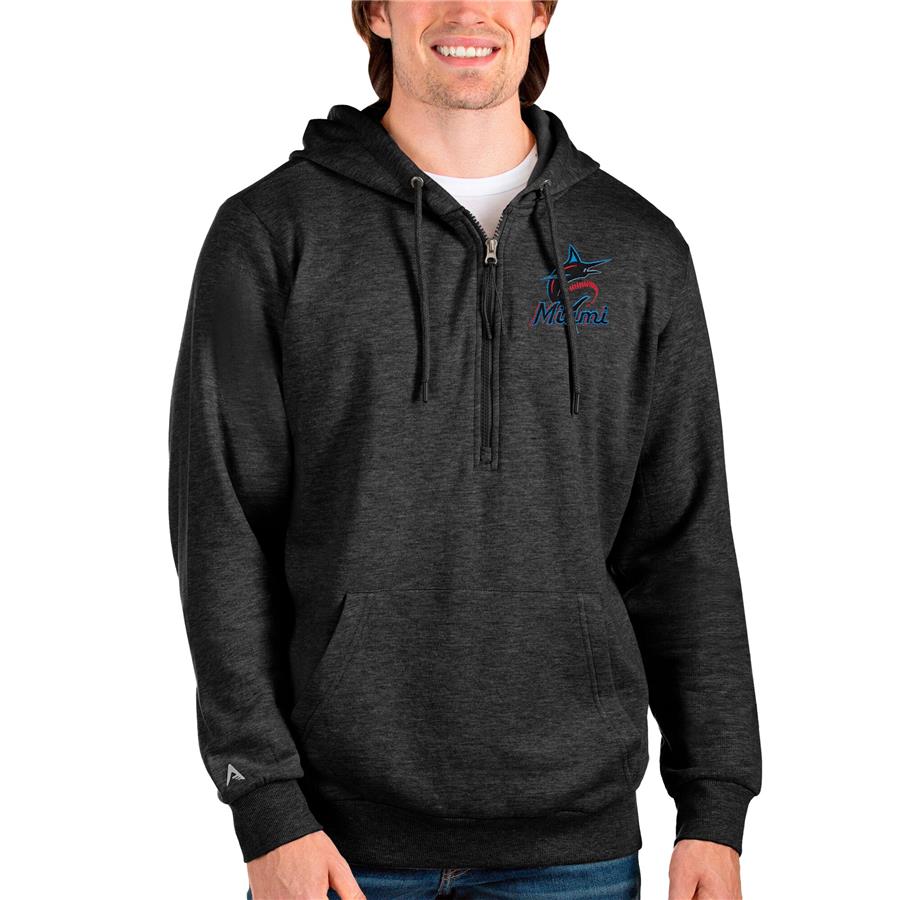 Miami Marlins Antigua Action Quarter-Zip Pullover Hoodie - Heathered Black
