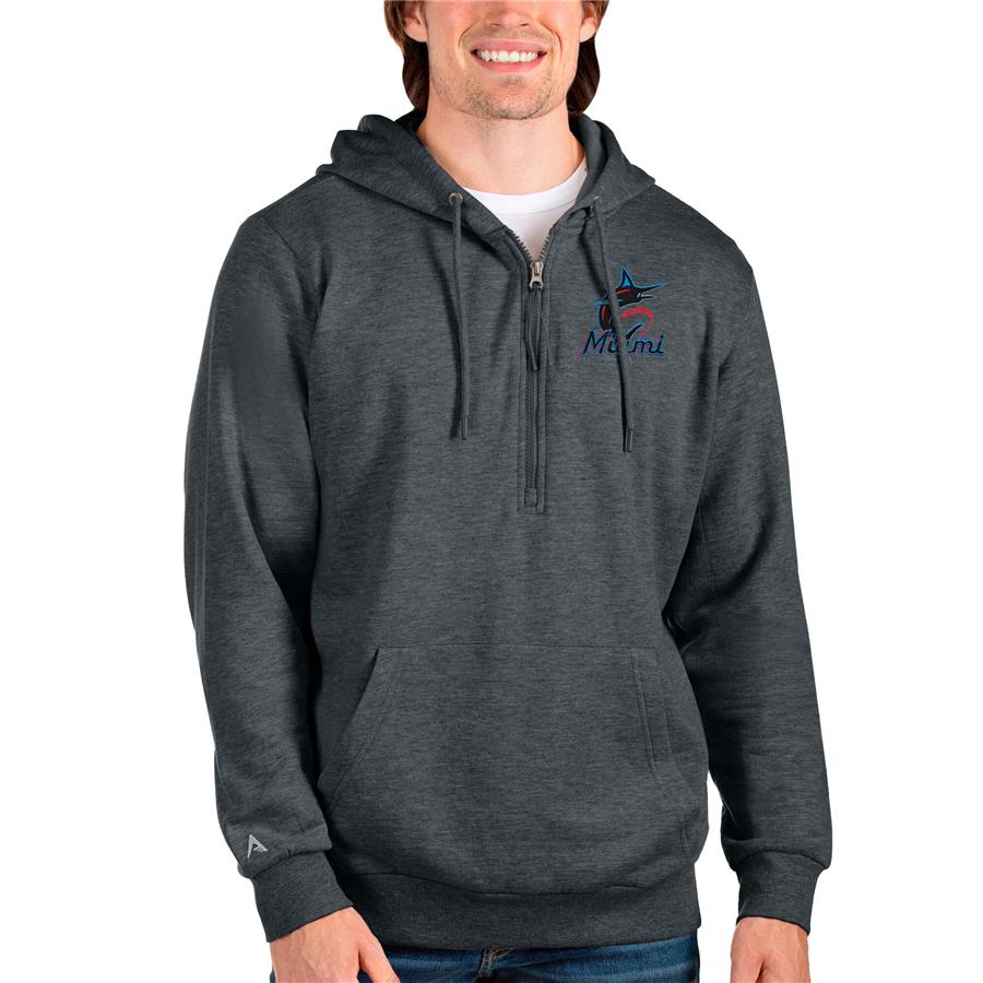 Miami Marlins Antigua Action Quarter-Zip Pullover Hoodie - Heathered Charcoal