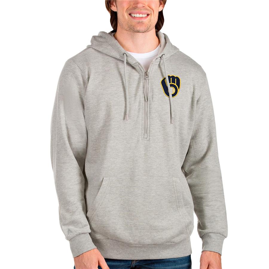 Milwaukee Brewers Antigua Action Quarter-Zip Pullover Hoodie - Heathered Gray