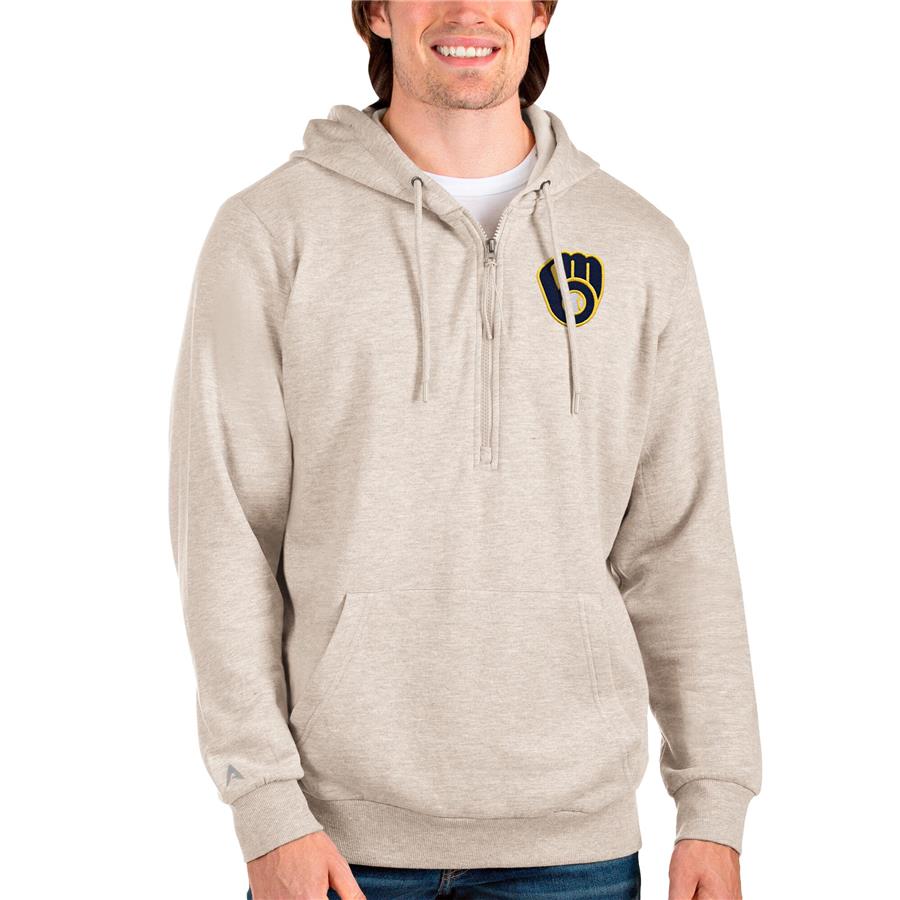 Milwaukee Brewers Antigua Action Quarter-Zip Pullover Hoodie - Oatmeal