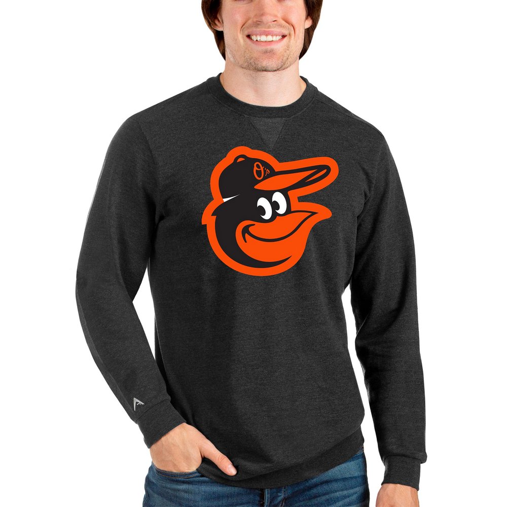 Baltimore Orioles Antigua Team Logo Reward Crewneck Pullover Sweatshirt - Heathered Black