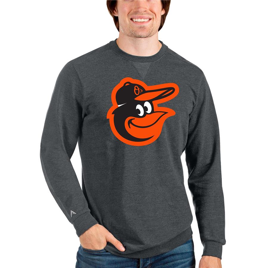 Baltimore Orioles Antigua Team Logo Reward Crewneck Pullover Sweatshirt - Heathered Charcoal