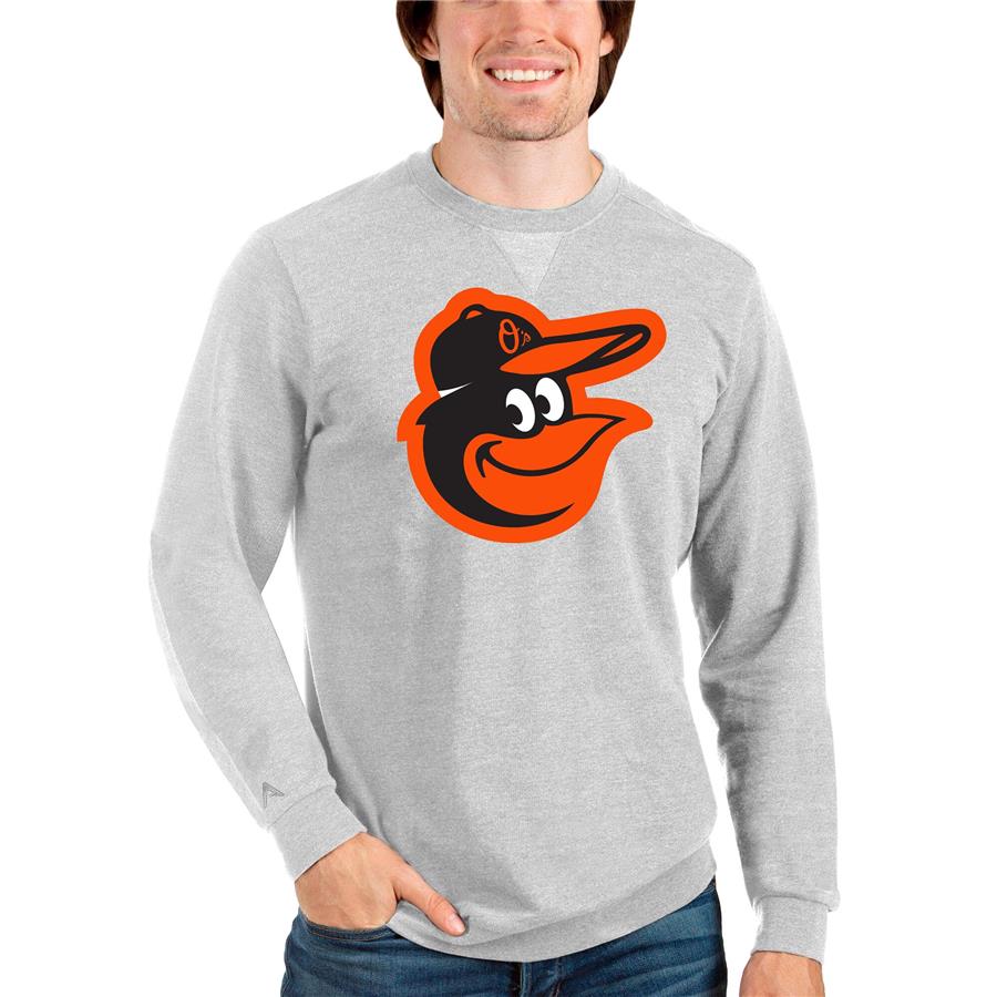 Baltimore Orioles Antigua Team Logo Reward Crewneck Pullover Sweatshirt - Heathered Gray