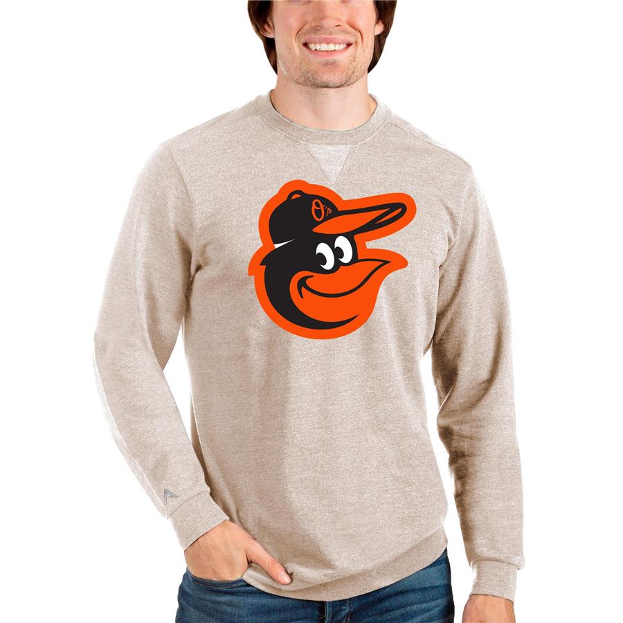 Baltimore Orioles Antigua Team Logo Reward Crewneck Pullover Sweatshirt - Oatmeal