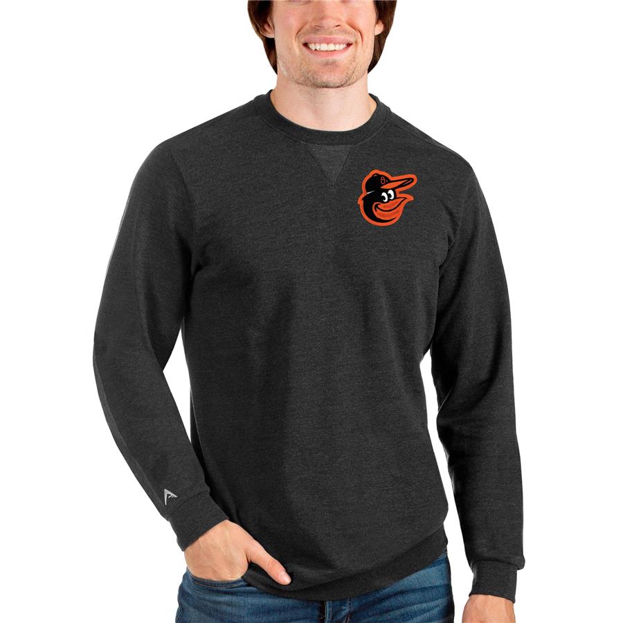 Baltimore Orioles Antigua Reward Crewneck Pullover Sweatshirt - Heathered Black