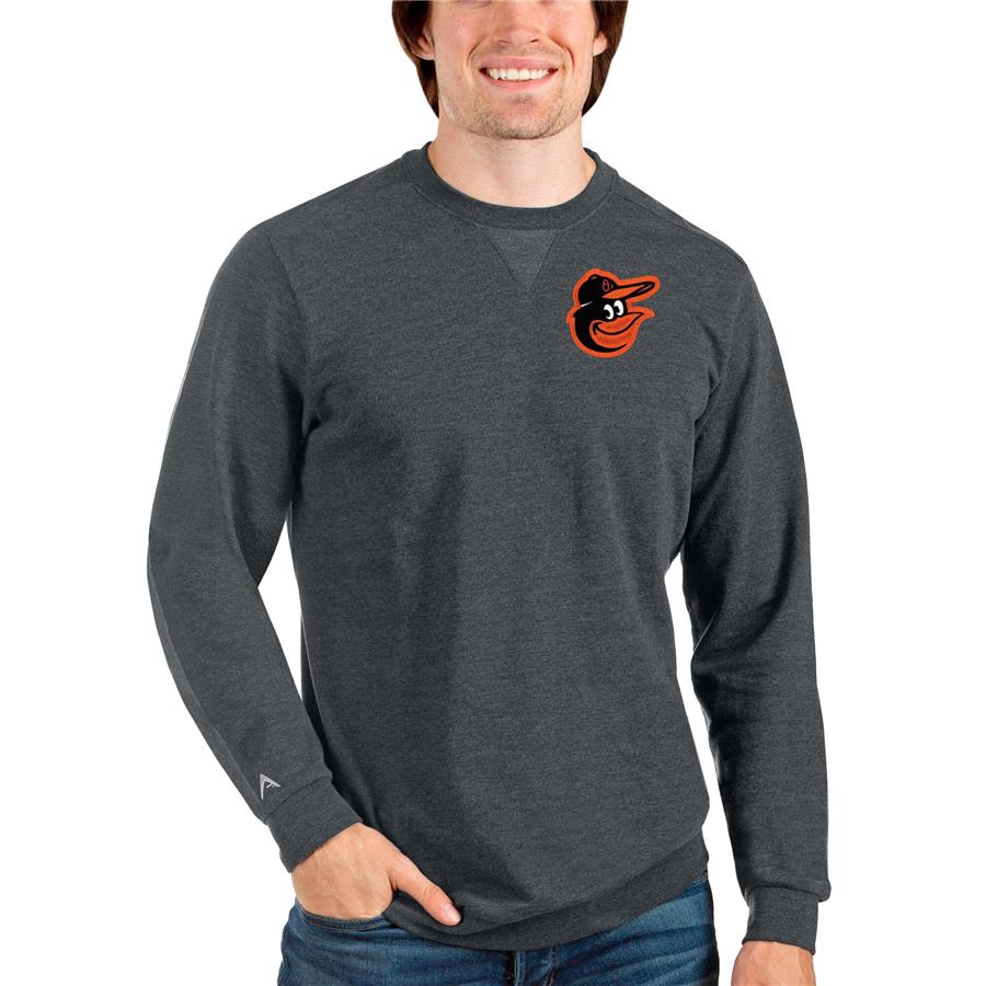 Baltimore Orioles Antigua Reward Crewneck Pullover Sweatshirt - Heathered Charcoal