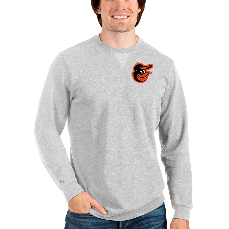 Baltimore Orioles Antigua Reward Crewneck Pullover Sweatshirt - Heathered Gray