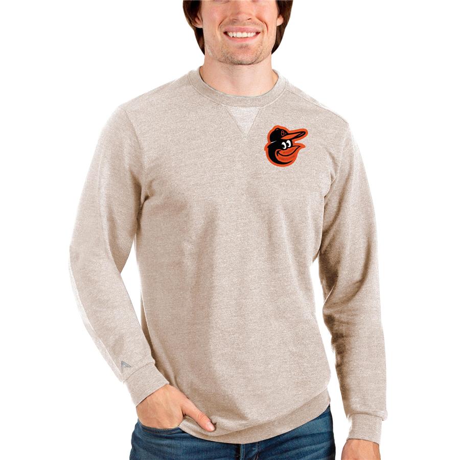 Baltimore Orioles Antigua Reward Crewneck Pullover Sweatshirt - Oatmeal