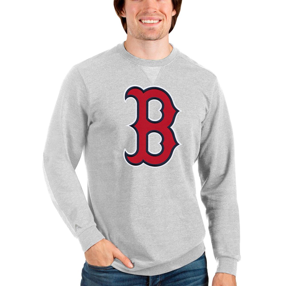Boston Red Sox Antigua Team Logo Reward Crewneck Pullover Sweatshirt - Heathered Gray