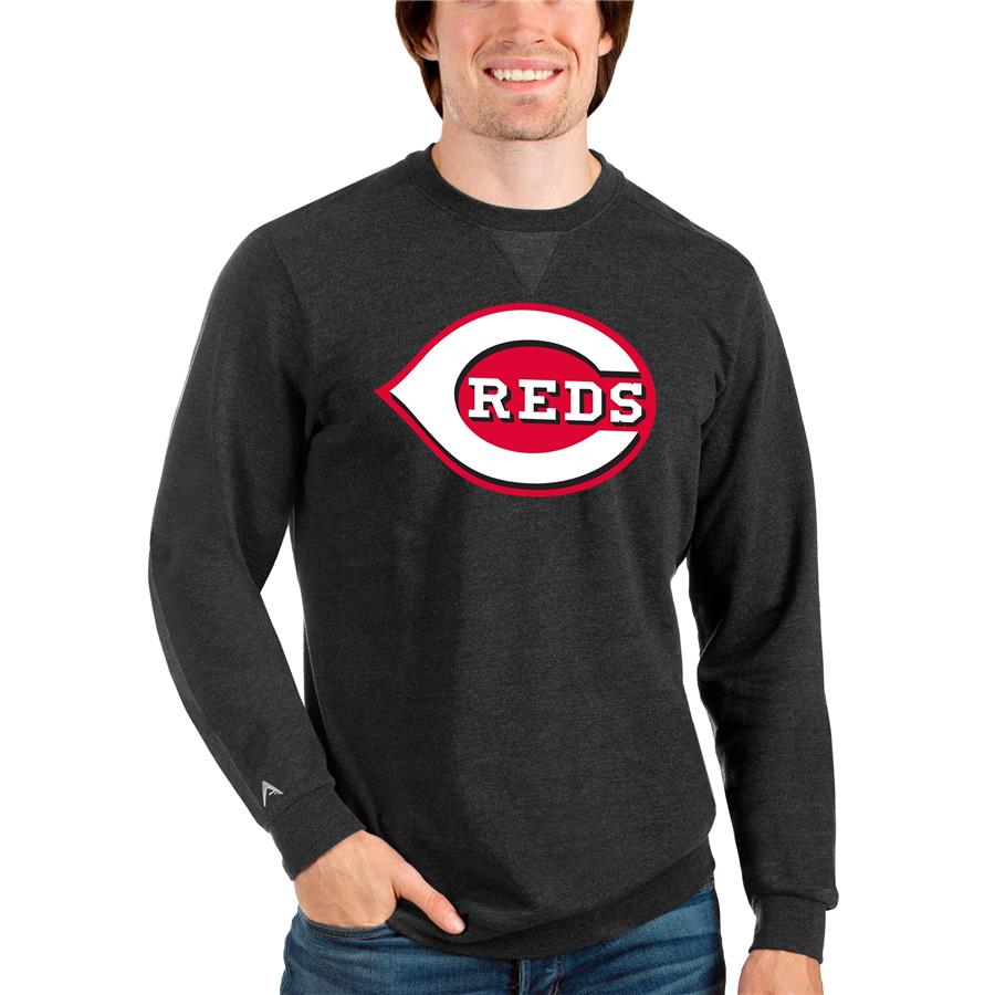 Cincinnati Reds Antigua Team Logo Reward Crewneck Pullover Sweatshirt - Heathered Black