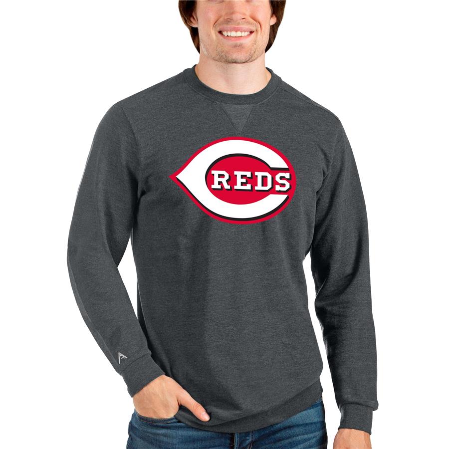 Cincinnati Reds Antigua Team Logo Reward Crewneck Pullover Sweatshirt - Heathered Charcoal