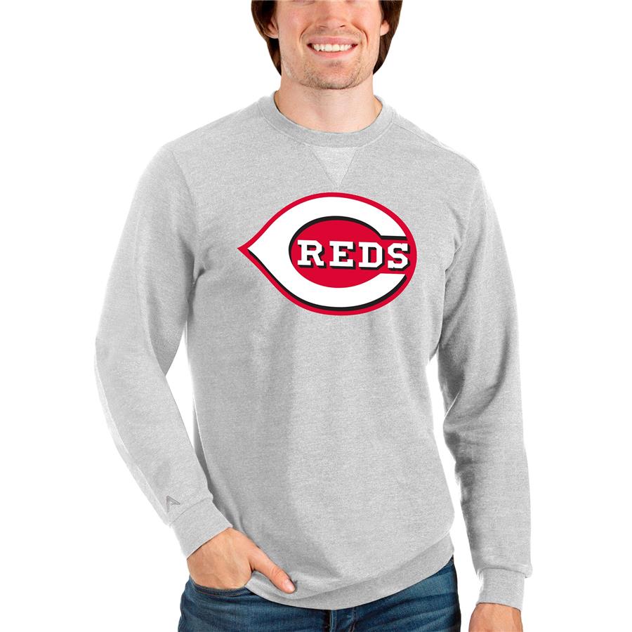 Cincinnati Reds Antigua Team Logo Reward Crewneck Pullover Sweatshirt - Heathered Gray
