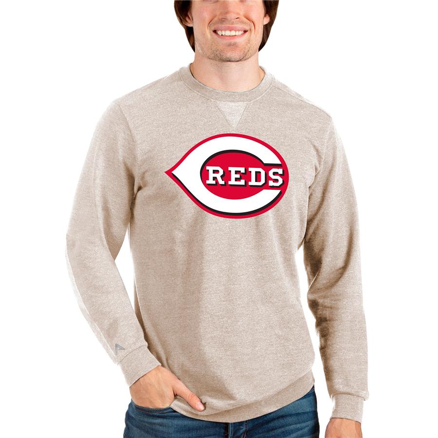 Cincinnati Reds Antigua Team Logo Reward Crewneck Pullover Sweatshirt - Oatmeal