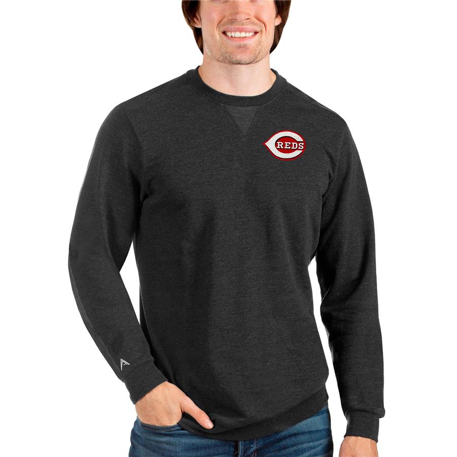 Cincinnati Reds Antigua Reward Crewneck Pullover Sweatshirt - Heathered Black