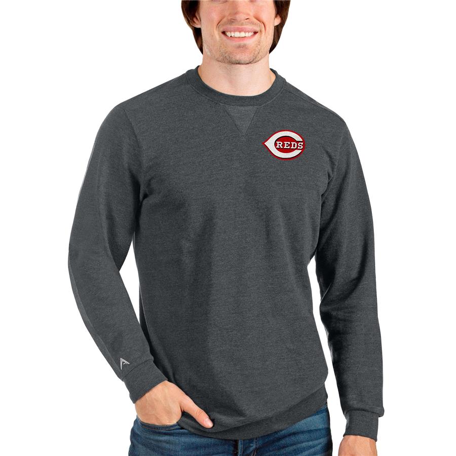 Cincinnati Reds Antigua Reward Crewneck Pullover Sweatshirt - Heathered Charcoal
